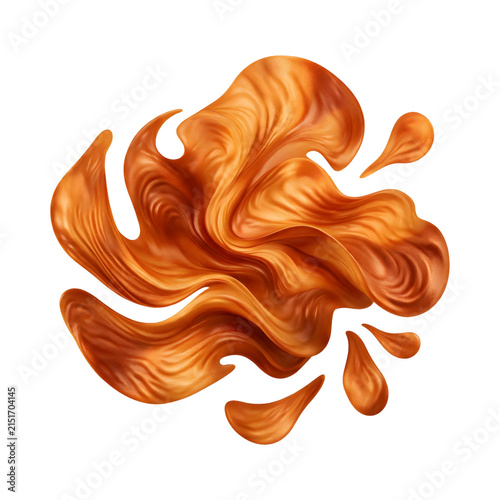 Dynamic Liquid Golden Caramel Splash with Glitter, Transparent Background, Isolated on White