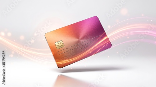 Metallic payment card with gradient orange and purple hues floating above a reflective surface