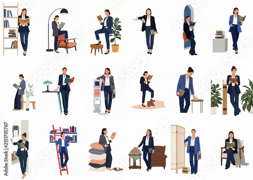 Collection of diverse flat illustrations featuring a woman in business attire reading and working in various modern interior settings.