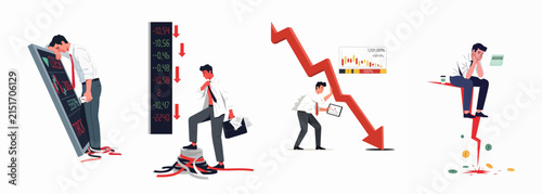 Cuadro en lienzo Vector illustrations depicting the stress and despair of a financial crisis, stock market crash, and economic downturn through four metaphorical business scenarios