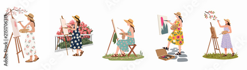Foto Set of illustrations of a young woman artist painting nature scenes outdoors on canvas using an easel, wearing summer dresses and straw hats