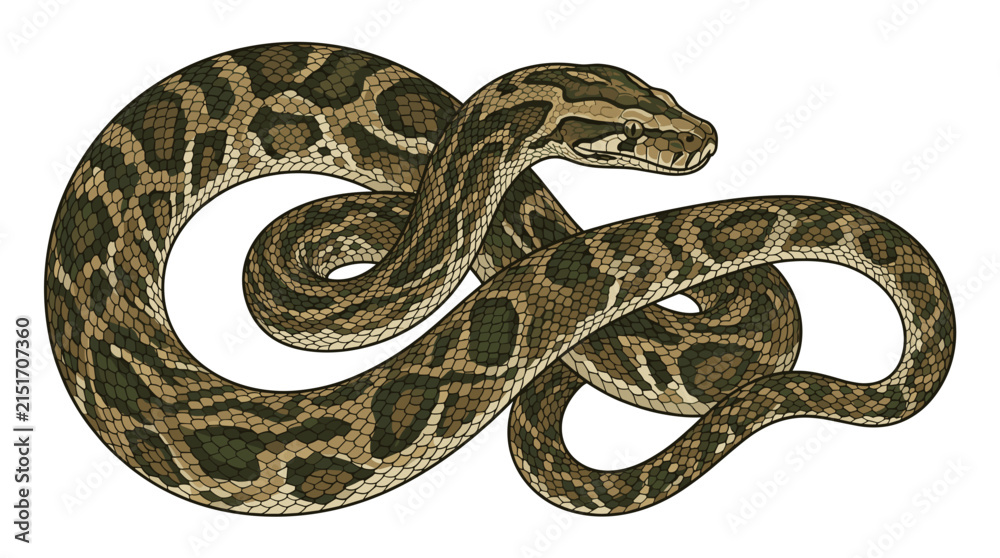 Fototapeta premium Large spotted python coiled against a plain white background