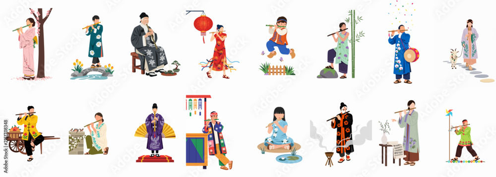 Fototapeta premium Illustrations of Diverse People in Traditional Asian Attire Playing Bamboo Flutes, Representing Various East and Southeast Asian Cultures.