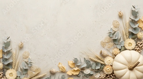 Autumnal background featuring white pumpkins dried flowers and eucalyptus leaves arranged on a soft neutral textured surface