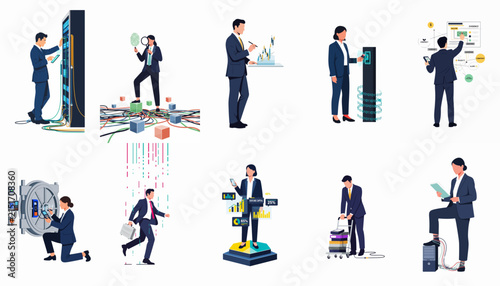 Set of business professional illustrations managing data, technology systems, analytics, and corporate infrastructure in a modern minimalist style.