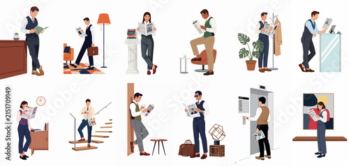 Set of diverse characters in smart casual clothing reading newspapers in different locations such as hallways, stairs, and elevators.