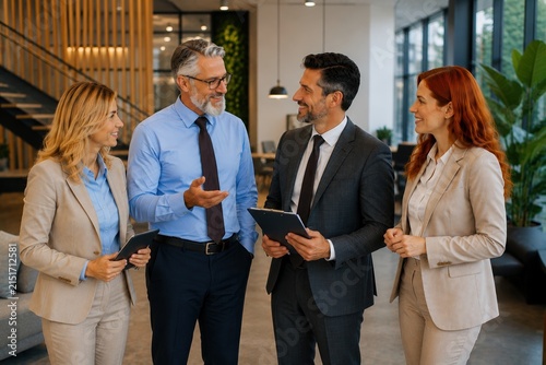 Professional business team discussing ideas and collaborating in a modern office.