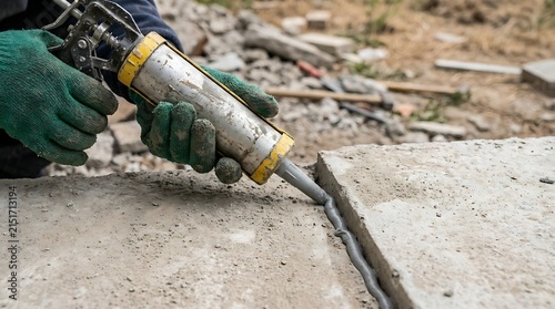 A construction worker wearing green gloves using a caulking gun to apply grey sealant into a gap between two large concrete slabs on site