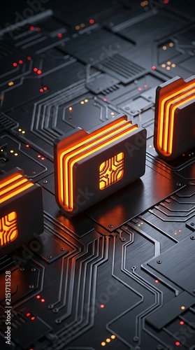 A conceptual 3d render of glowing orange digital folders arranged on a dark metallic circuit board background, with intricate data pathways