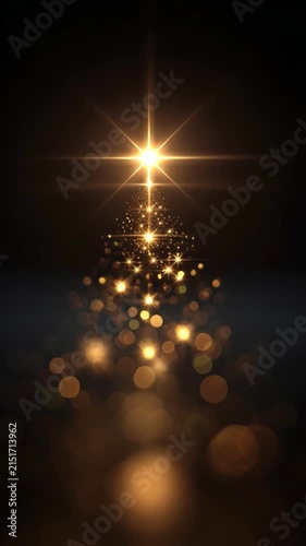 Christmas tree gold light abstract bokeh glow festive holiday scene with starburst sparkle dark background, warm glowing tree and festive night