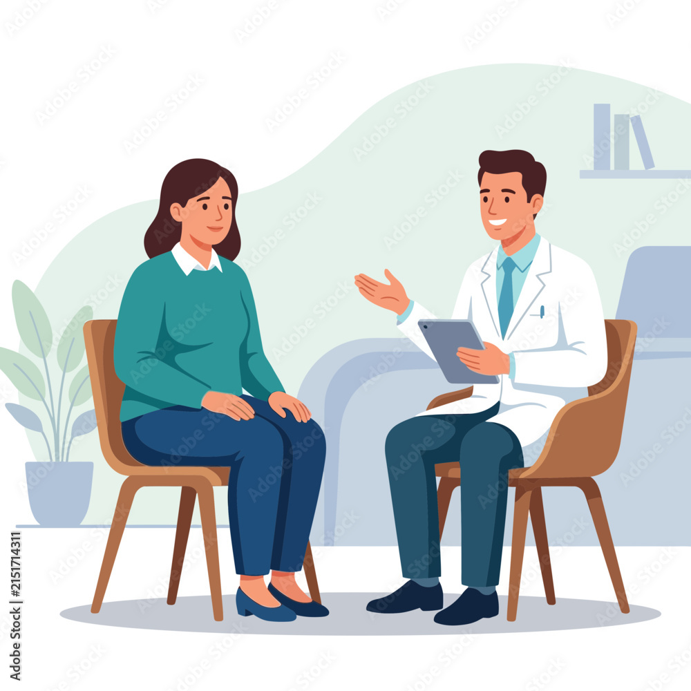 Obraz premium Doctor Consulting Patient with Tablet, Healthcare Consultation and Medical Advice Illustration