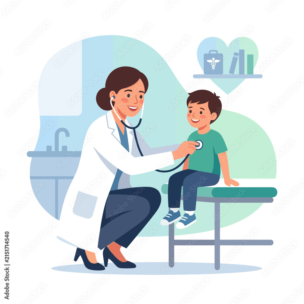 Obraz premium Pediatrician examines a smiling child with a stethoscope in a modern clinic, flat vector illustration
