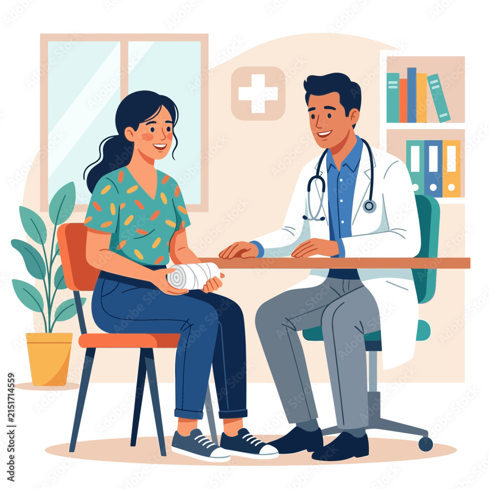 Fototapeta premium Doctor examining a patient with a bandaged arm in a modern clinic, flat vector illustration