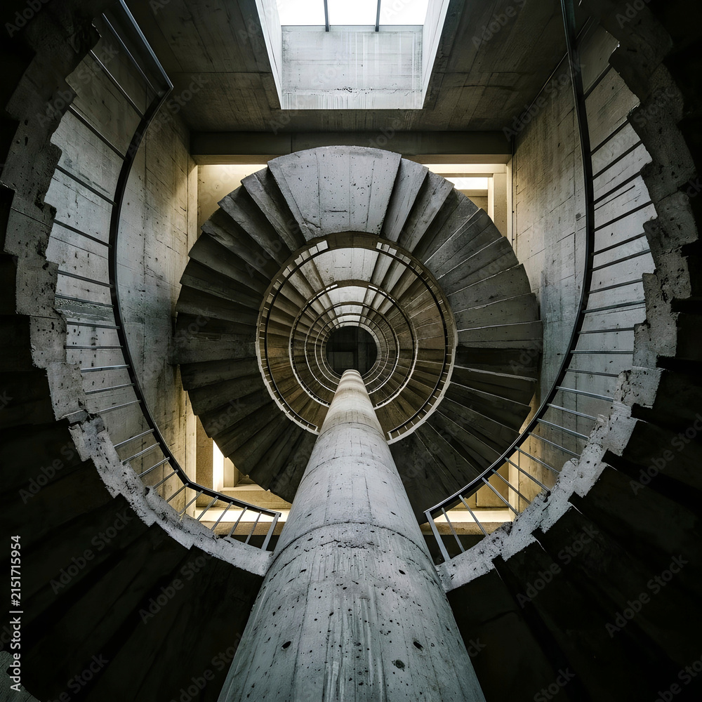 Fototapeta premium Brutalist Concrete Spiral Staircase Looking Straight Up, Hypnotic Geometric Pattern, Raw Architecture Detail