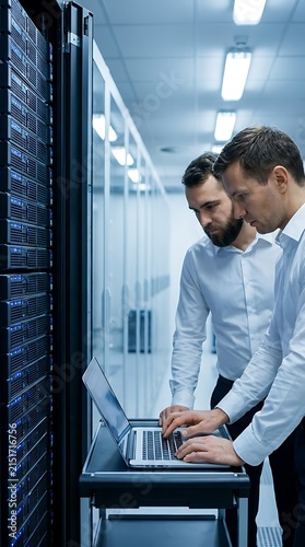 Two it technicians working on a laptop in a server room with rows of black server racks in a modern data center facility for cloud storage