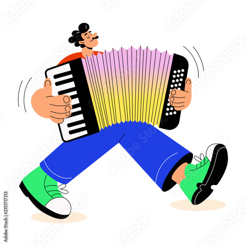 Seated musician expanding and playing a colorful accordion with both hands.
