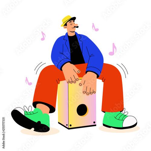 Seated percussionist tapping a wooden cajon box between the legs.