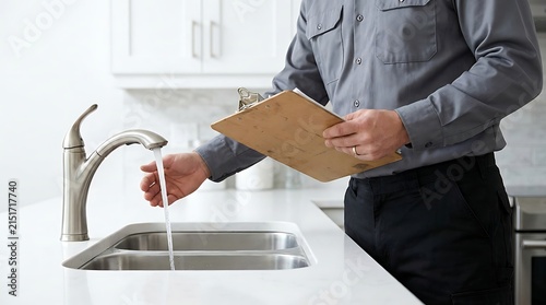 Plumber in a gray uniform holding a wooden clipboard while checking the water flow from a stainless steel kitchen faucet into a double sink