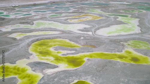 Aerial View of Dachaidan Emerald Lake: Colorful Salt Ponds, White Mineral Crust and Desert Landform in Qinghai