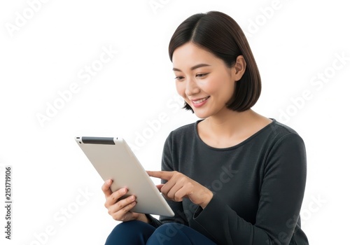 Woman happily using a tablet isolated on white background