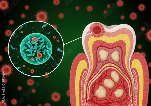 Tooth with bacteria and immune cells illustration isolated on white background