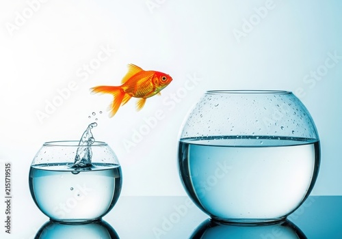 Golden fish jumping between two bowls of water isolated on white background