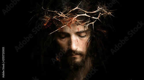 Jesus Christ with a crown of thorns and a solemn expression during the crucifixion moment