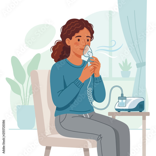 Woman using a nebulizer for respiratory treatment, illustration of medical care and health