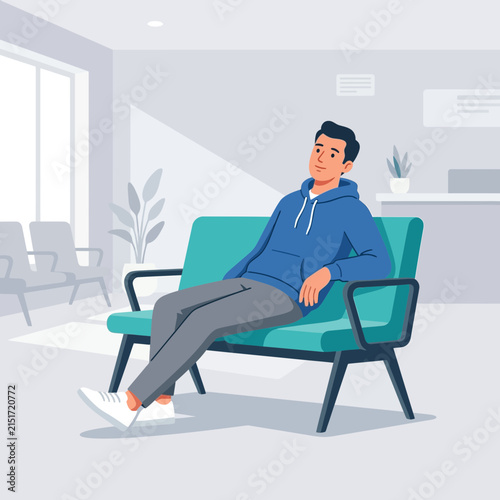 Young man relaxing on a modern waiting room sofa, casual style, vector illustration