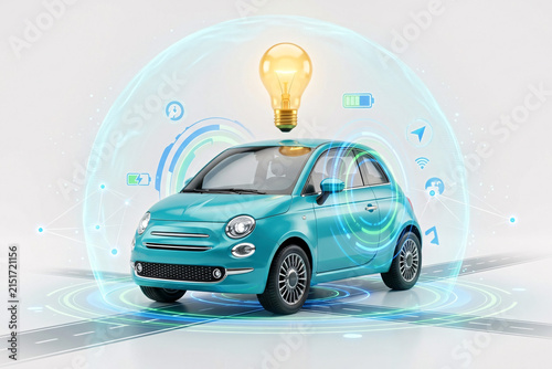 Turquoise EV car surrounded by glowing cyan circular aura rings and lightbulb idea