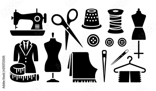 Foto Tailoring and dressmaking icons featuring sewing machine mannequin suit scissors buttons thread fabric