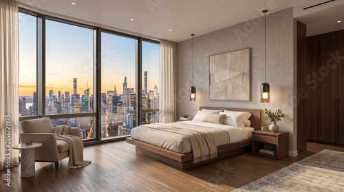 Modern master bedroom featuring expansive floor-to-ceiling windows overlooking a sunset city skyline.