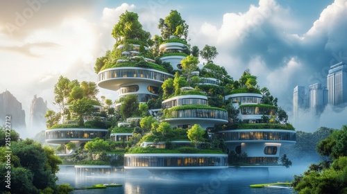 Pollution and sunrise over modern urban skyline with lush greenery