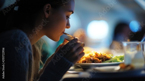 Young caucasian woman relaxing on airplane at sunset with window view