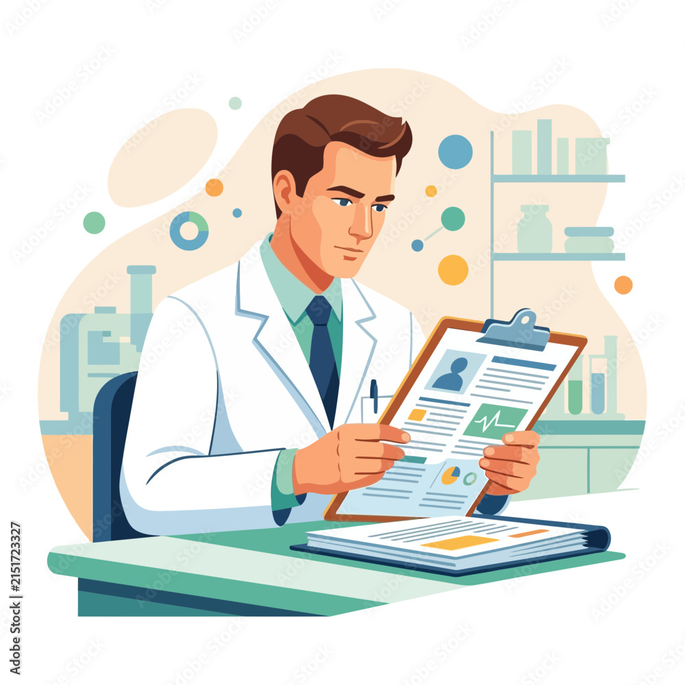 Fototapeta premium Male Scientist in Lab Coat Reviewing Medical Chart with Graphs and Patient Data