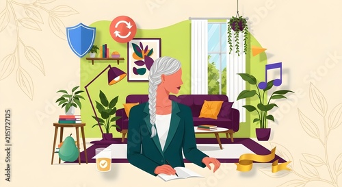 Illustrated person working at a desk with coffee, plants, and digital devices in a colorful and dynamic home office scene.
