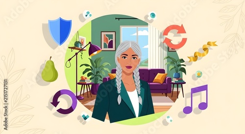 Woman in a home office environment surrounded by music notes, plants, and modern decor in a vibrant illustration.