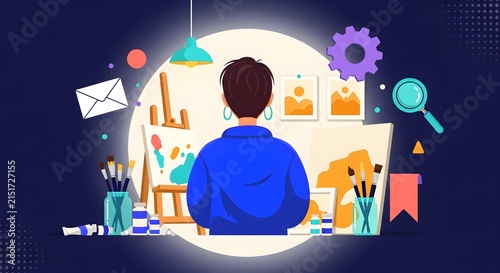 Creative professional surrounded by digital design tools and brainstorming icons in a stylized workspace illustration.