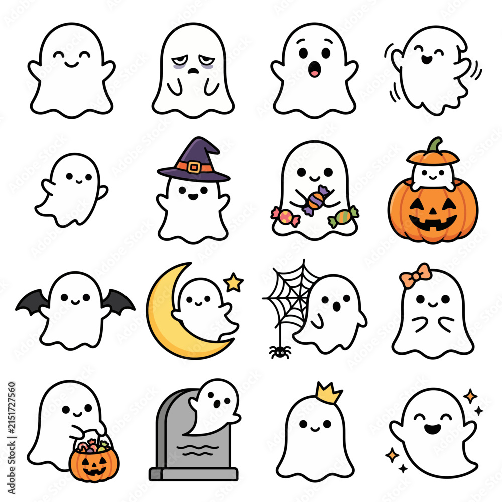 Fototapeta premium Happy halloween-themed ghost and pumpkin cartoon characters set with moon and bat icons