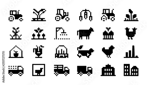 Pixel art farming agriculture icon set for vintage game design includes tractor animal building crop and tool.