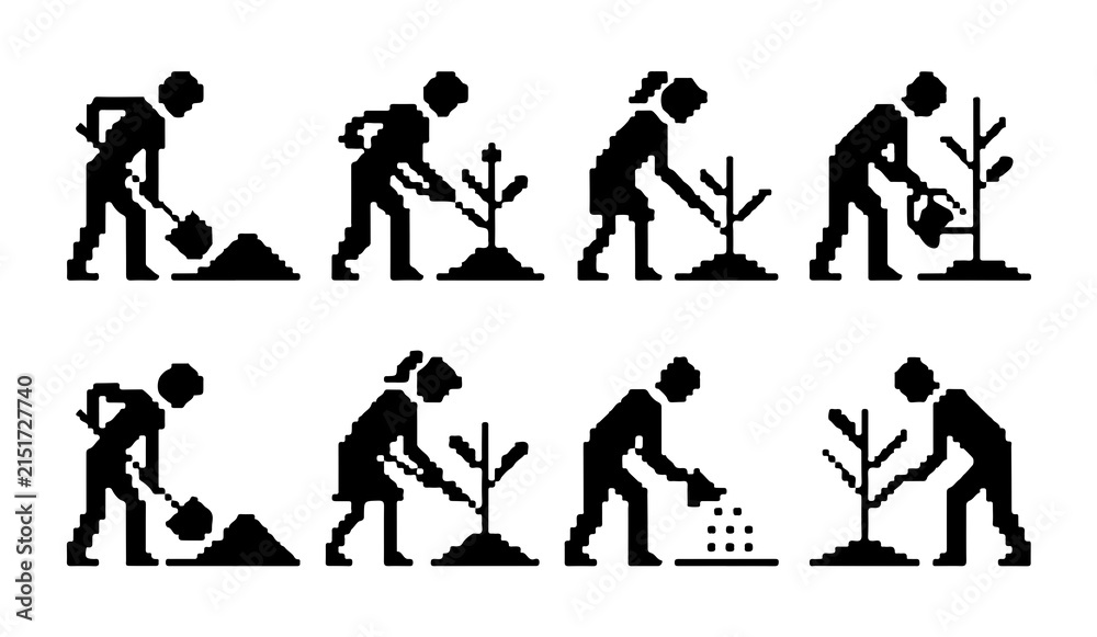 Obraz premium Pixel art people gardening icons set with various actions like digging and watering young trees.