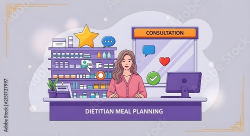 Nutritionist creates a balanced diet plan on a tablet while surrounded by healthy food icons and consultation symbols.