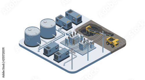 Fotografía Power substation stores oil in massive tanks while utilizing specialized electrical grid transformers to regulate energy transmission across the local mining site for efficient operation