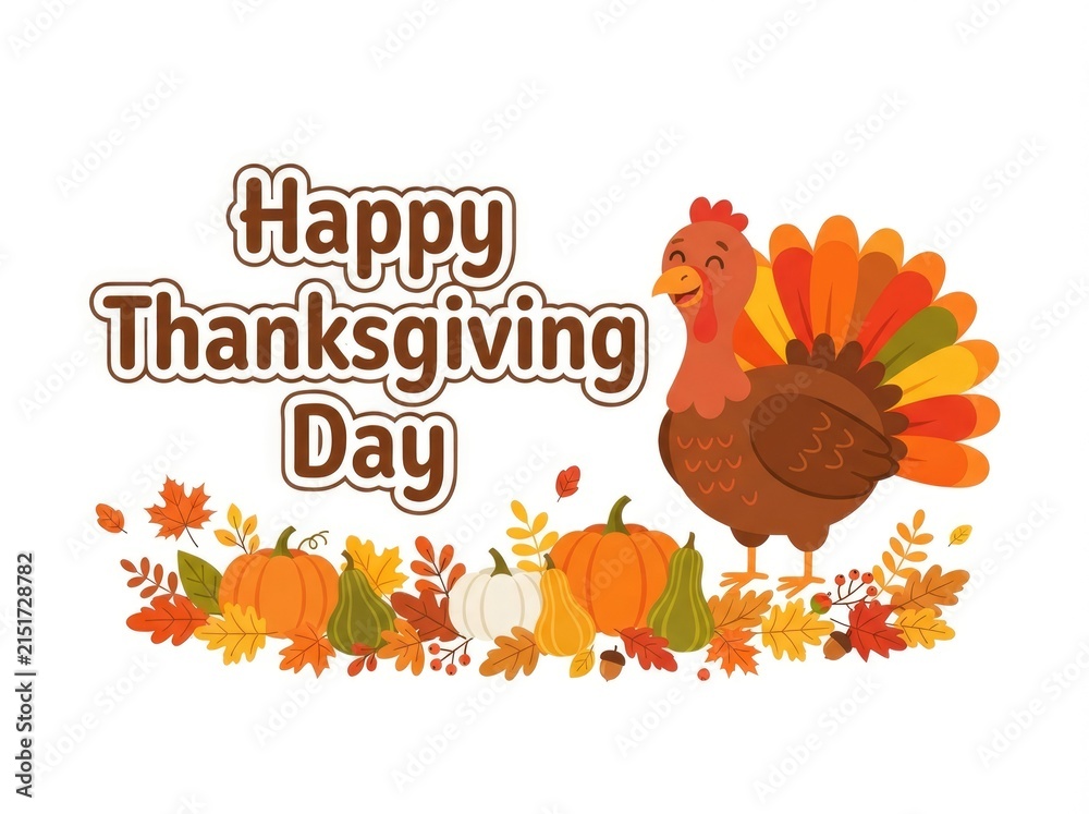 Naklejka premium Colorful illustration featuring a turkey and pumpkins for a festive happy thanksgiving day holiday greeting card