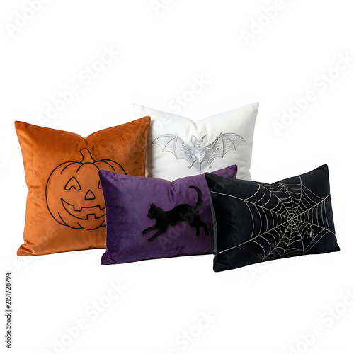 Halloween decorative pillows set, spooky velvet throw cushions with pumpkin and black cat, festive holiday home decor isolated on White Background