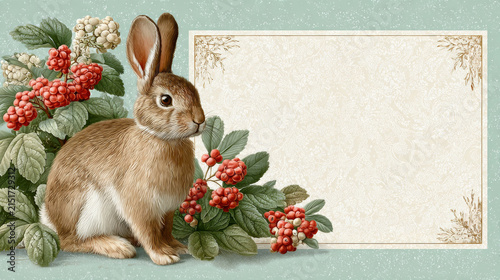 This vintage illustration features a brown rabbit surrounded by red rowan berries and green leaves, paired with an empty textured decorative frame, set against a soft mint green background.

