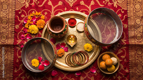 Traditional Karwa Chauth festival thali with diya, bangles, sieve, sweets and flowers arranged on ornate red textile for Indian celebration