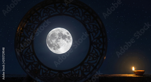 Karwa Chauth moon viewed through traditional sieve under a starry night sky with glowing diya for Indian fasting ritual and festival