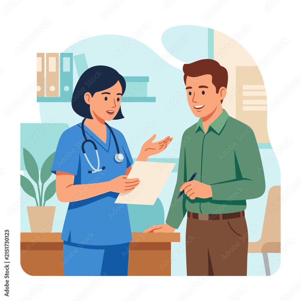 Obraz premium Nurse Consults Patient in Medical Office, Doctor Discusses Health Results, Vector Illustration