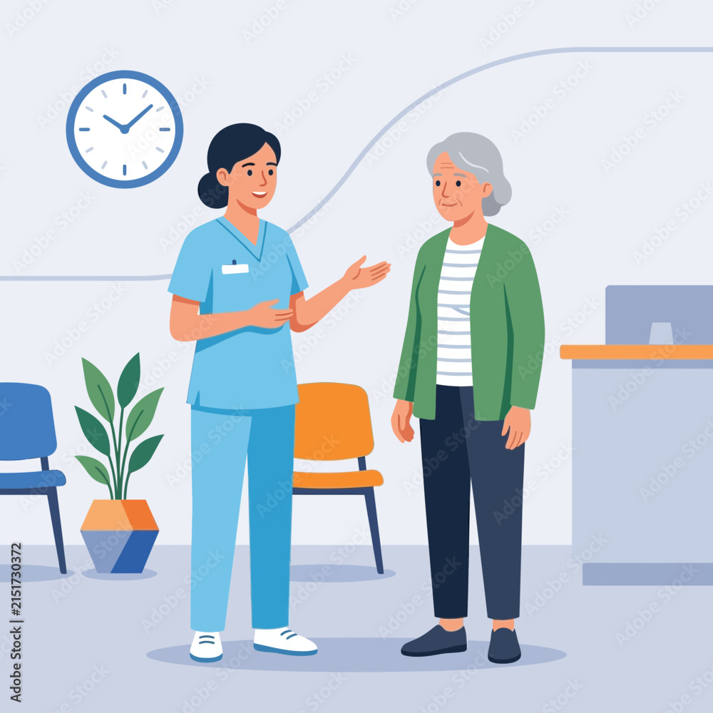 Fototapeta premium Nurse Talking to Elderly Woman in Medical Waiting Room